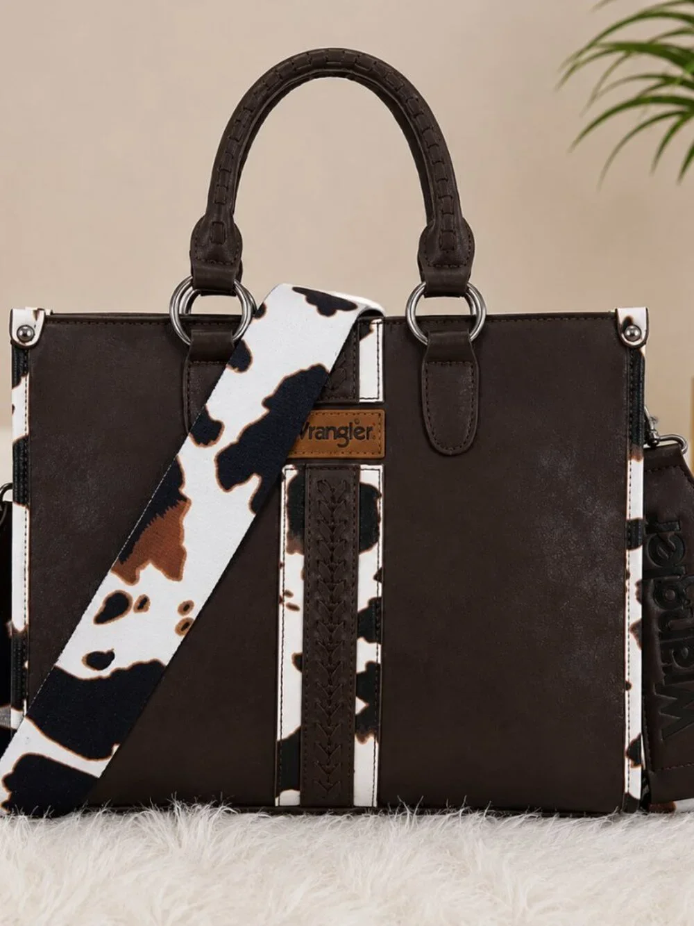 Wrangler Cow Print Western Tote Satchel Crossbody Bag Dark Brown NWT